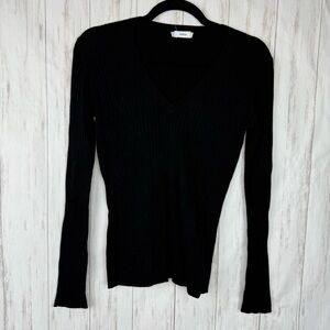 Vince Black Ribbed V-Neck Sweater Top